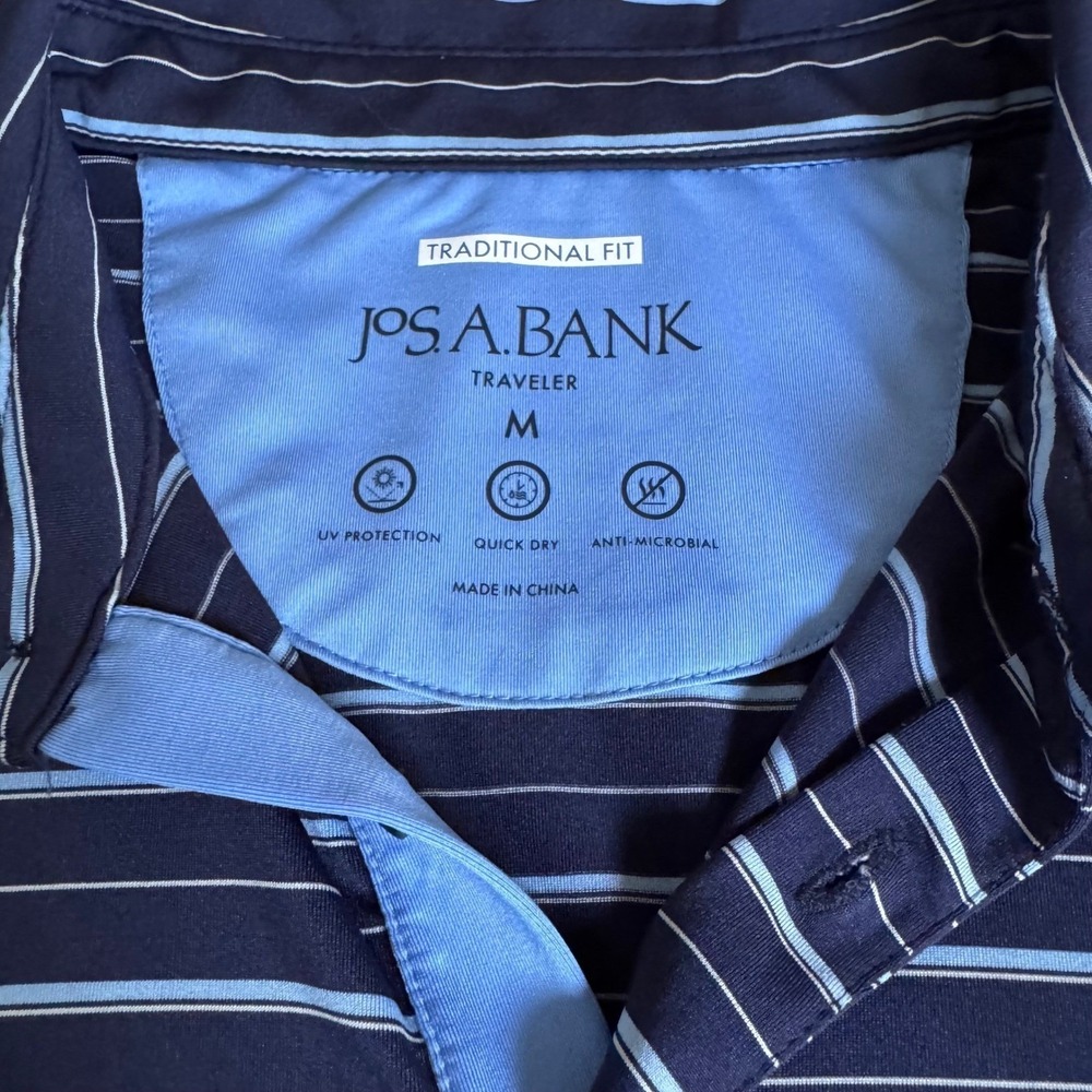 Jos A Bank Traveler Golf Polo Shirt Mens Navy Blue Stripe Traditional Fit Size M - Picture 2 of 8